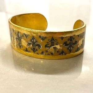 Evocateur Fleur de lis Painted Cuff Bracelet 22kt Gold Leaf on Brass with Enamel
